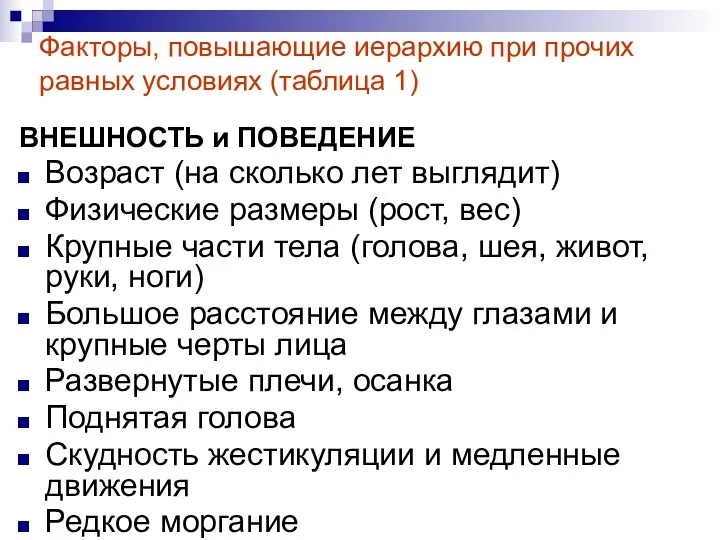 Факторы, повышающие иерархию при прочих равных условиях (таблица 1) ВНЕШНОСТЬ и