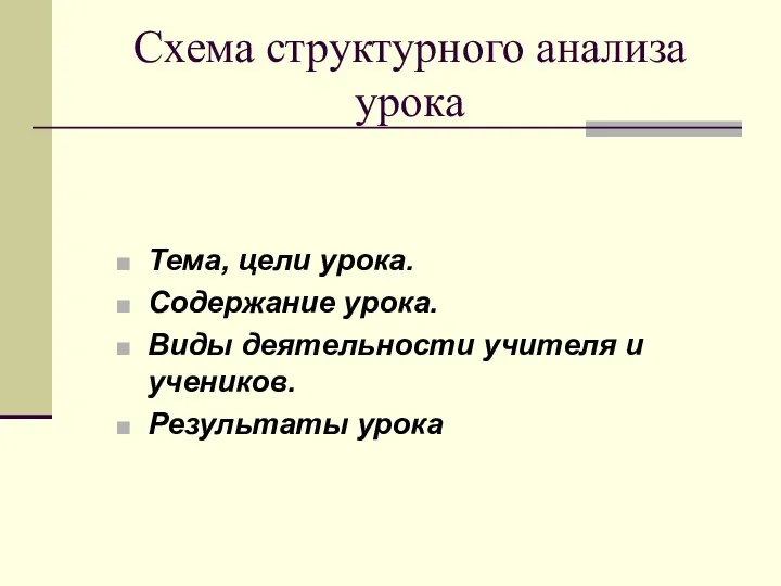 Схема структурного анализа урока Тема, цели урока. Содержание урока. Виды деятельности учителя и учеников. Результаты урока