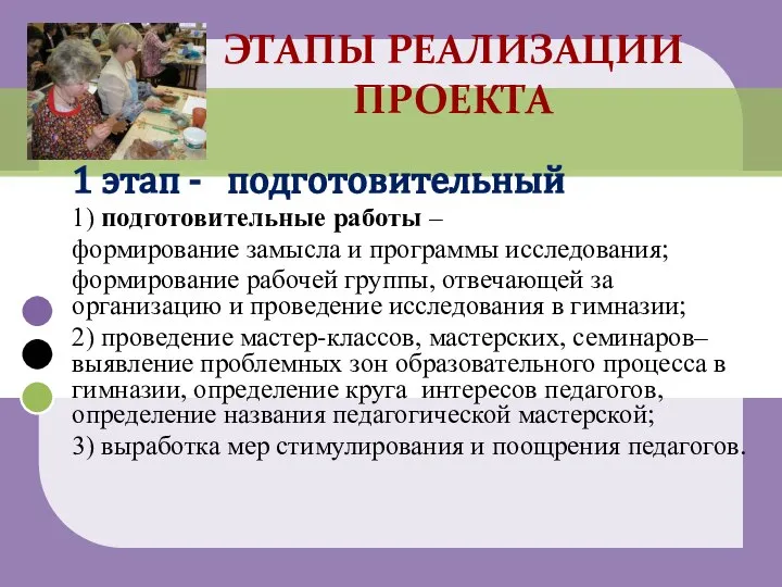 1 этап - подготовительный 1) подготовительные работы – формирование замысла и