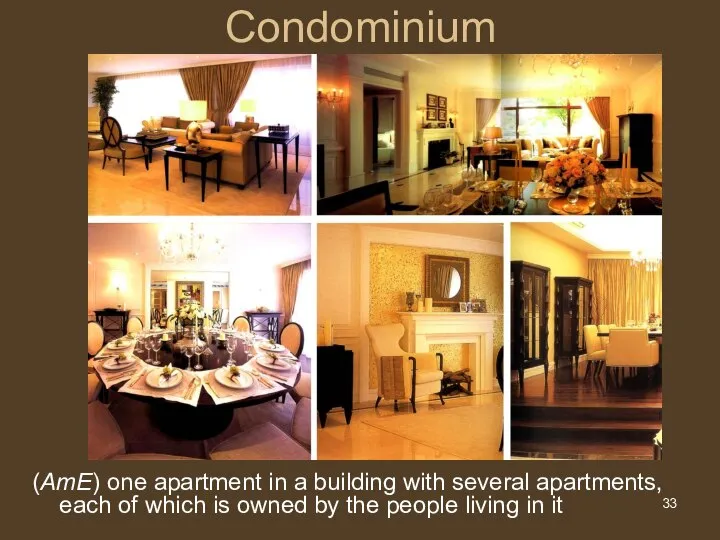 Condominium (AmE) one apartment in a building with several apartments, each