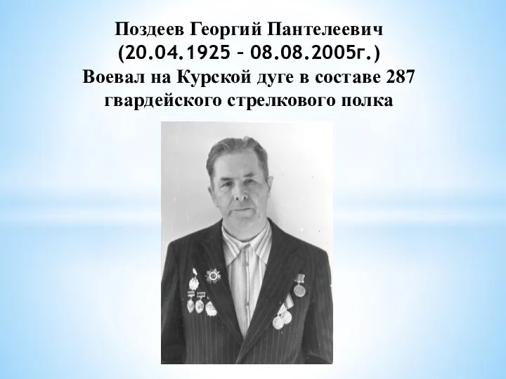 Поздеев Георгий Пантелеевич (20.04.1925 – 08.08.2005г.) Воевал на Курской дуге в составе 287 гвардейского стрелкового полка