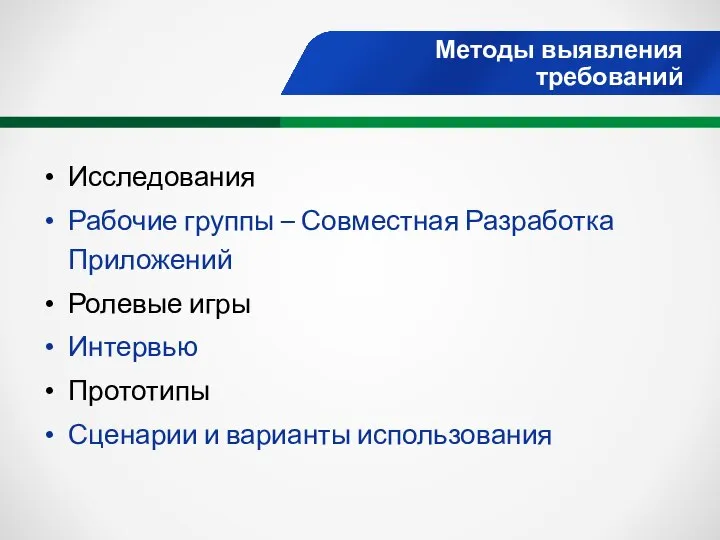 Методы выявления требований Исследования Рабочие группы – Совместная Разработка Приложений Ролевые