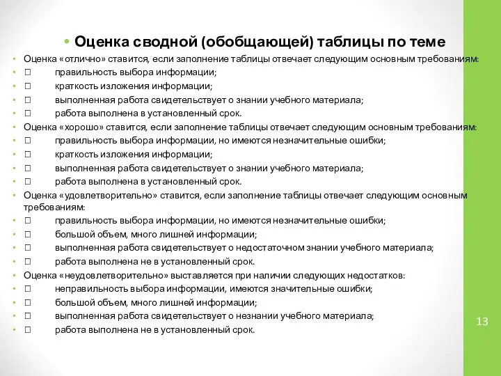 Оценка сводной (обобщающей) таблицы по теме Оценка «отлично» ставится, если заполнение