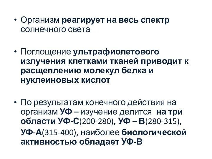 Организм реагирует на весь спектр солнечного света Поглощение ультрафиолетового излучения клетками