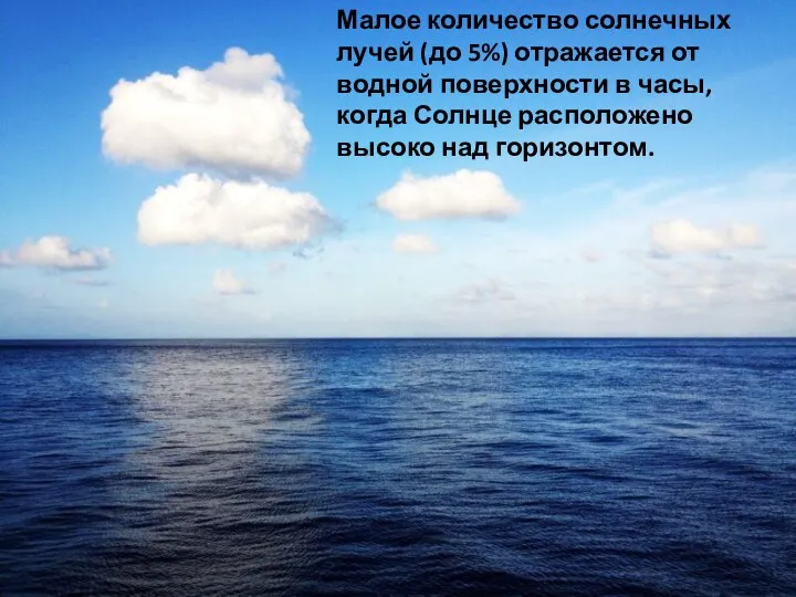 Малое количество солнечных лучей (до 5%) отражается от водной поверхности в