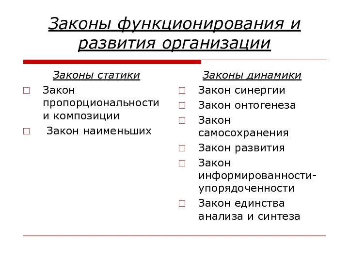 Законы функционирования и развития организации Законы статики Закон пропорциональности и композиции