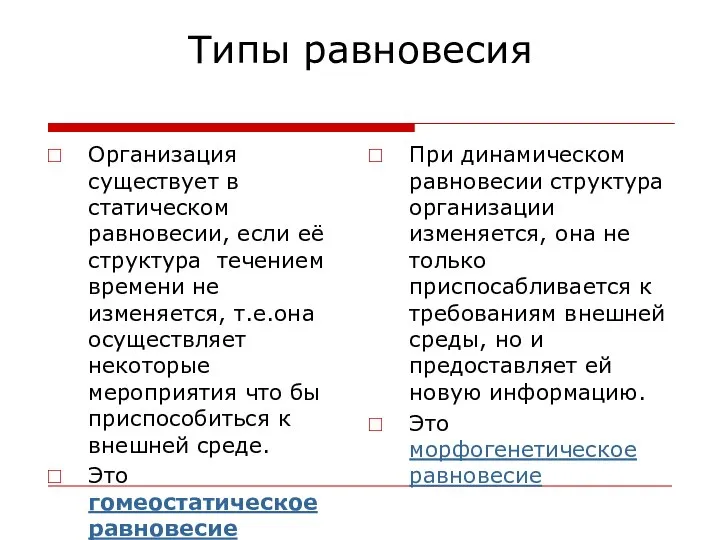 Типы равновесия Организация существует в статическом равновесии, если её структура течением