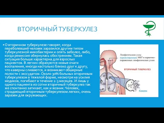 ВТОРИЧНЫЙ ТУБЕРКУЛЕЗ О вторичном туберкулезе говорят, когда переболевший человек заразился другим