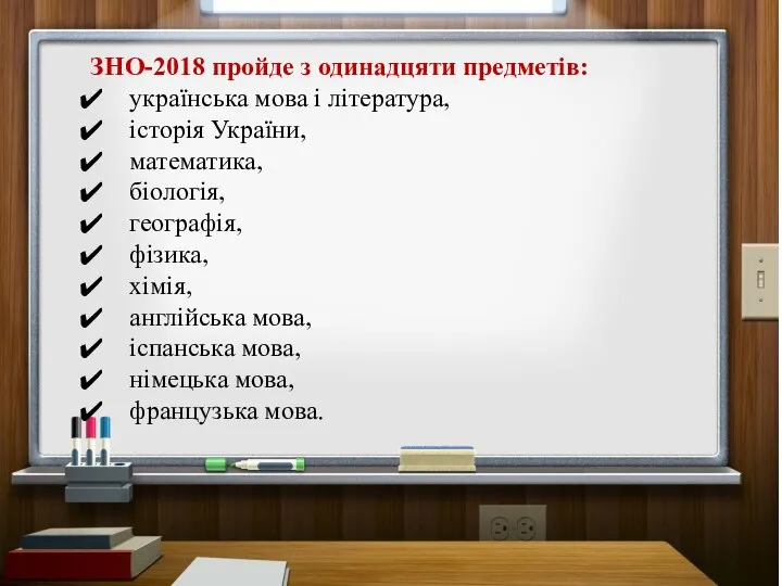 ЗНО-2018 пройде з одинадцяти предметів: українська мова і література, історія України,