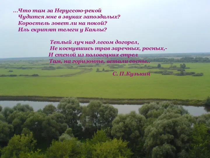 …Что там за Неруссою-рекой Чудится мне в звуках запоздалых? Коростель зовет