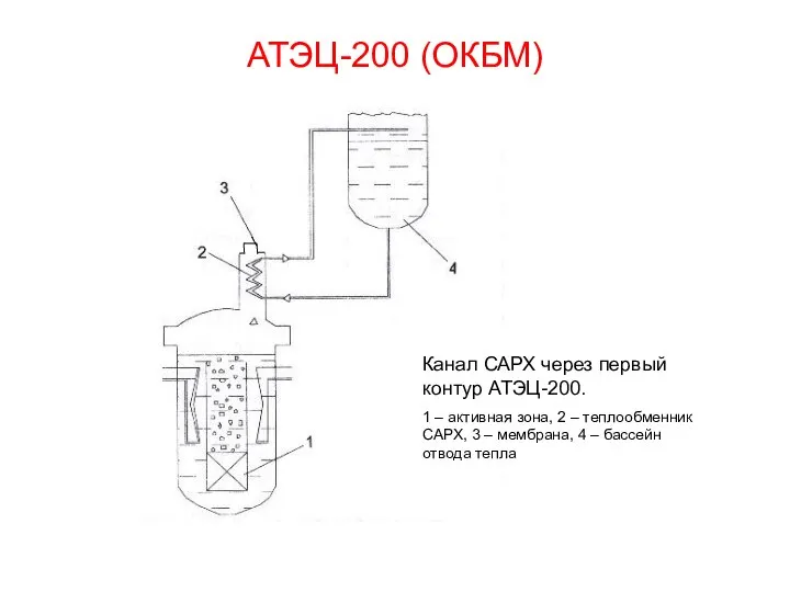 АТЭЦ-200 (ОКБМ) Канал САРХ через первый контур АТЭЦ-200. 1 – активная