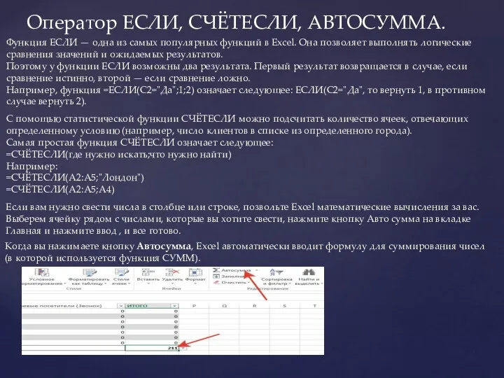 Оператор ЕСЛИ, СЧЁТЕСЛИ, АВТОСУММА. Функция ЕСЛИ — одна из самых популярных