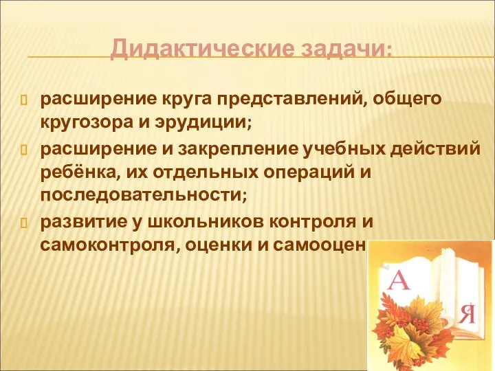 Дидактические задачи: расширение круга представлений, общего кругозора и эрудиции; расширение и