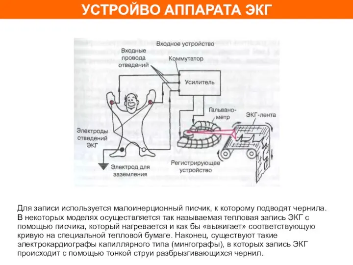 УСТРОЙВО АППАРАТА ЭКГ Для записи используется малоинерционный писчик, к которому подводят