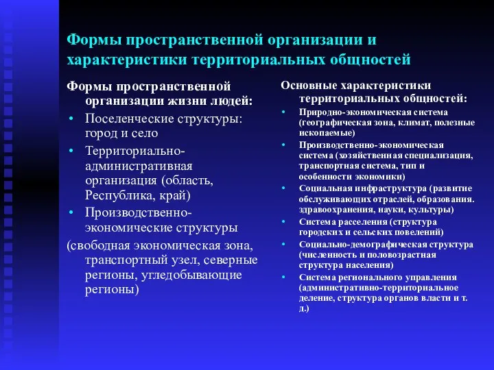 Формы пространственной организации и характеристики территориальных общностей Формы пространственной организации жизни