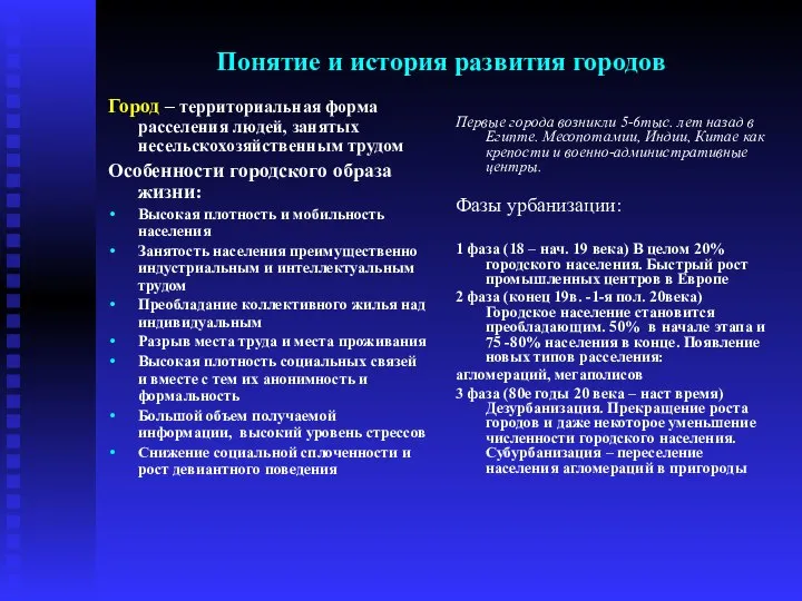 Понятие и история развития городов Город – территориальная форма расселения людей,