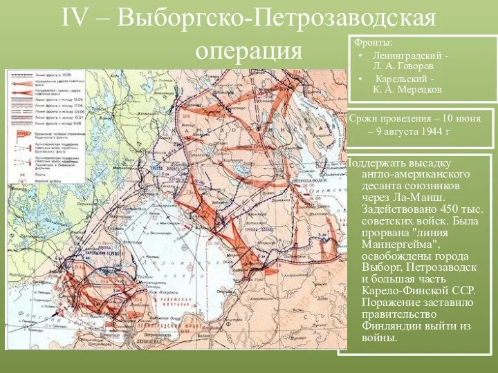 IV – Выборгско-Петрозаводская операция Сроки проведения – 10 июня – 9