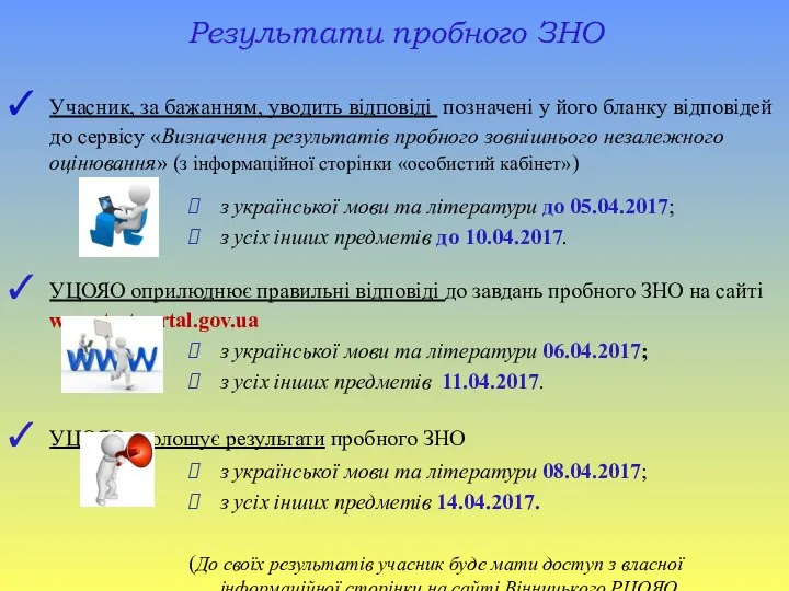 Результати пробного ЗНО Учасник, за бажанням, уводить відповіді позначені у його