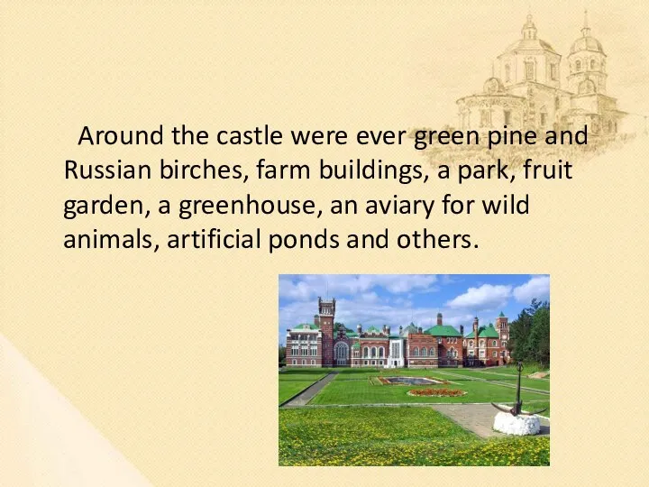 Around the castle were ever green pine and Russian birches, farm