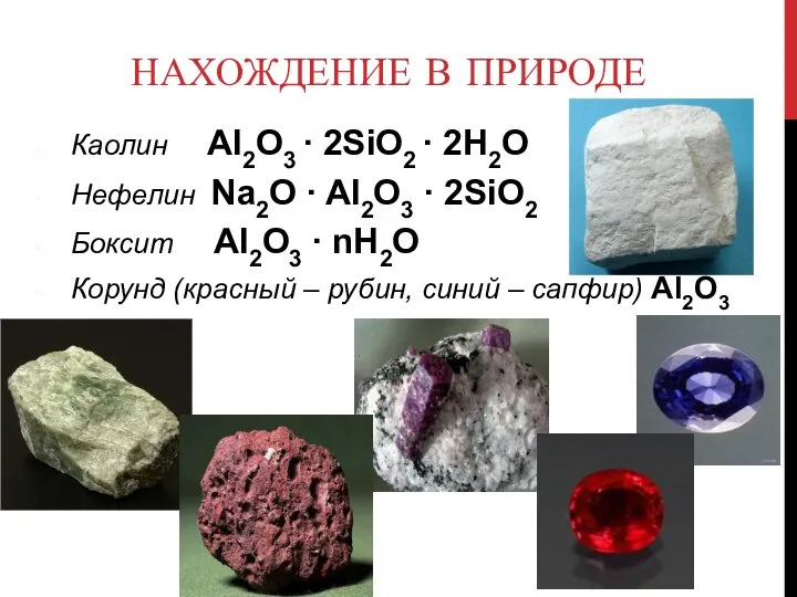 НАХОЖДЕНИЕ В ПРИРОДЕ Каолин Al2O3 ∙ 2SiO2 ∙ 2H2O Нефелин Na2O