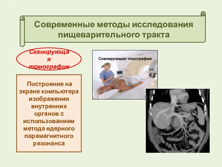 Современные методы исследования пищеварительного тракта Сканирующая томография Построение на экране компьютера