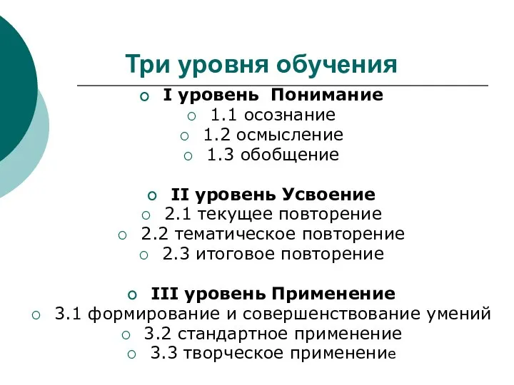 Три уровня обучения I уровень Понимание 1.1 осознание 1.2 осмысление 1.3