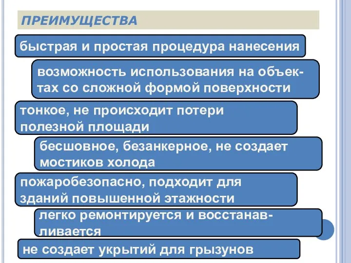 ПРЕИМУЩЕСТВА бесшовное, безанкерное, не создает мостиков холода не создает укрытий для