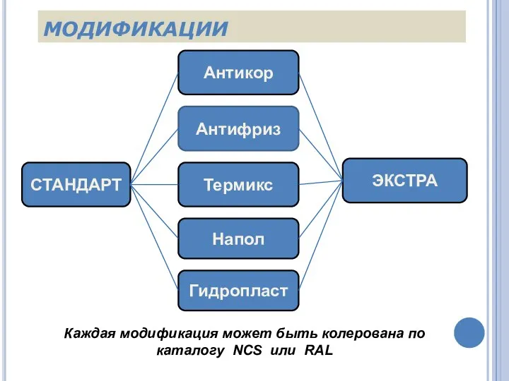 МОДИФИКАЦИИ ЭКСТРА CТАНДАРТ Антикор Антифриз Термикс Напол Гидропласт Каждая модификация может