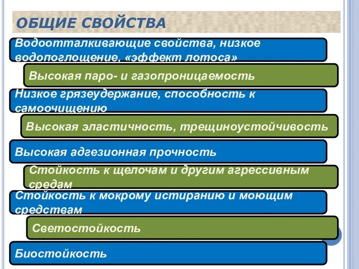 ОБЩИЕ СВОЙСТВА Водоотталкивающие свойства, низкое водопоглощение, «эффект лотоса» Высокая паро- и