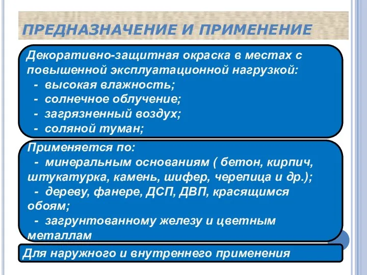 ПРЕДНАЗНАЧЕНИЕ И ПРИМЕНЕНИЕ Декоративно-защитная окраска в местах с повышенной эксплуатационной нагрузкой: