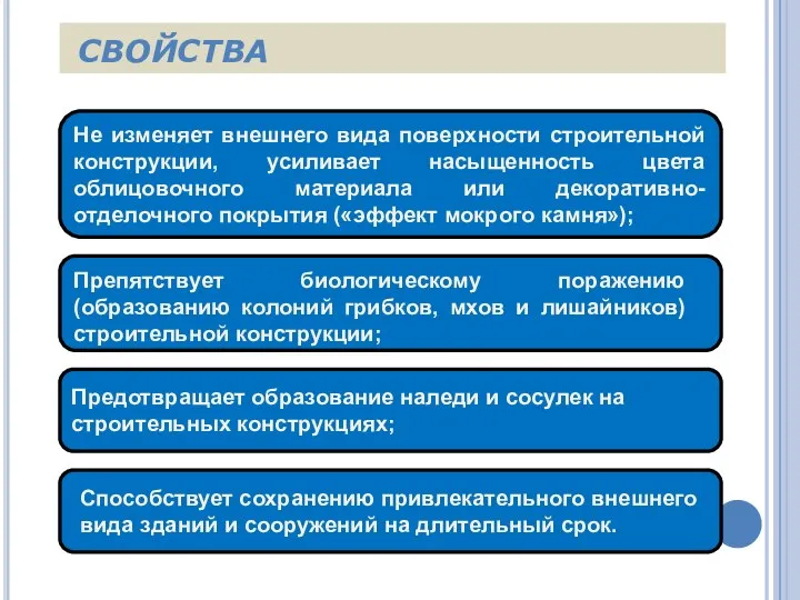 СВОЙСТВА Не изменяет внешнего вида поверхности строительной конструкции, усиливает насыщенность цвета