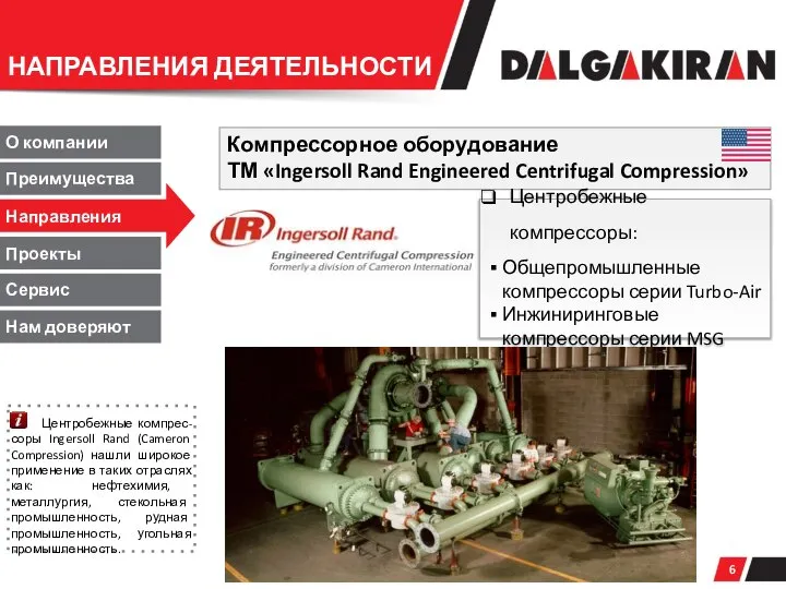 Компрессорное оборудование ТМ «Ingersoll Rand Engineered Centrifugal Compression» Направления О компании