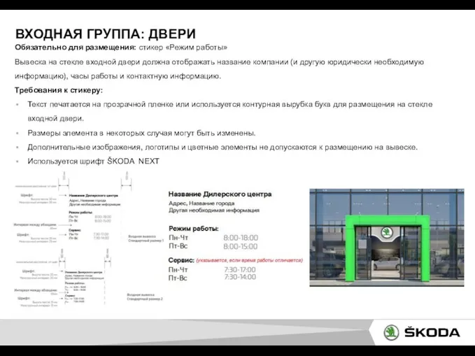 ВХОДНАЯ ГРУППА: ДВЕРИ Обязательно для размещения: стикер «Режим работы» Вывеска на