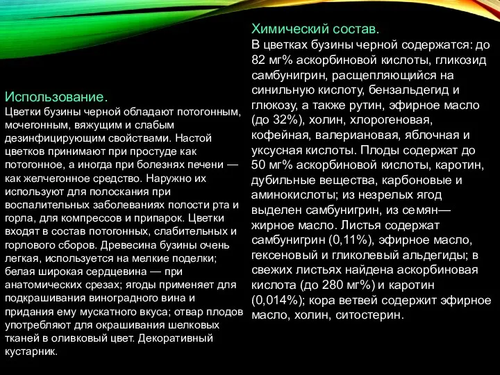 Химический состав. В цветках бузины черной содержатся: до 82 мг% аскорбиновой