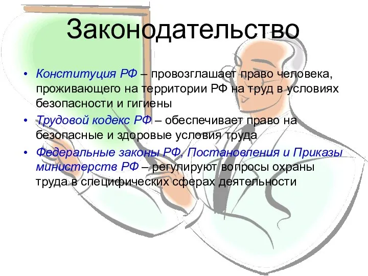 Законодательство Конституция РФ – провозглашает право человека, проживающего на территории РФ