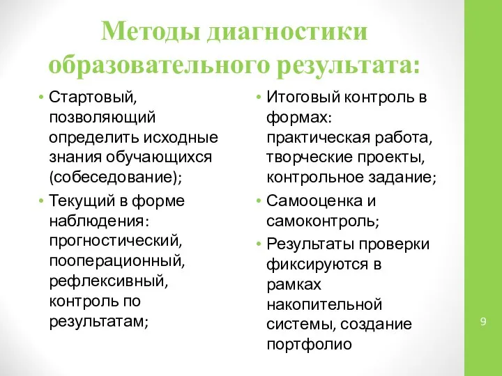 Методы диагностики образовательного результата: Стартовый, позволяющий определить исходные знания обучающихся (собеседование);