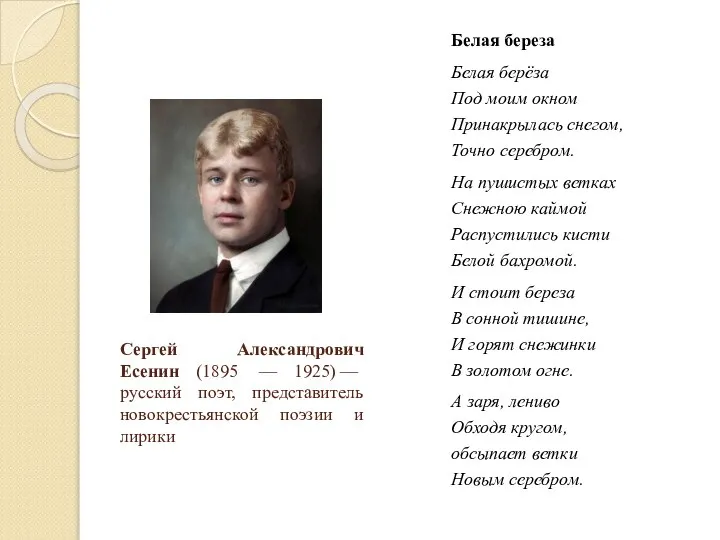 Сергей Александрович Есенин (1895 — 1925) — русский поэт, представитель новокрестьянской