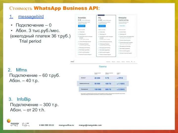 Стоимость WhatsApp Business API: 1. messagebird Подключение – 0 Абон. 3