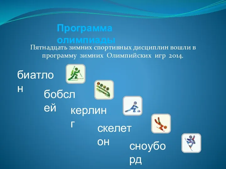 Программа олимпиады Пятнадцать зимних спортивных дисциплин вошли в программу зимних Олимпийских