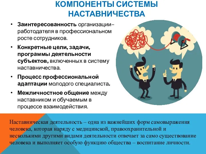 КОМПОНЕНТЫ СИСТЕМЫ НАСТАВНИЧЕСТВА Заинтересованность организации–работодателя в профессиональном росте сотрудников. Конкретные цели,