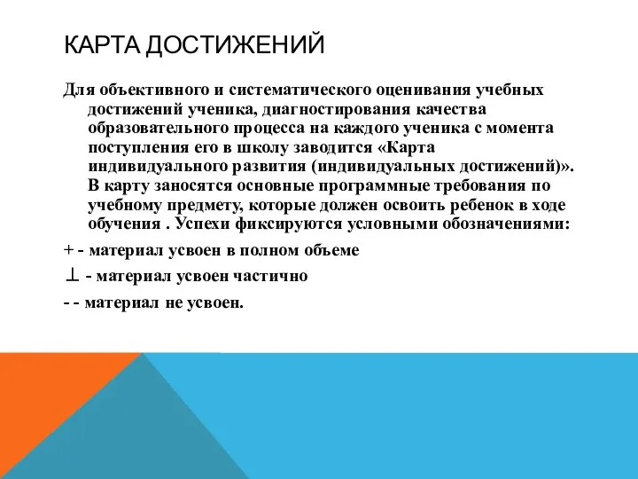 КАРТА ДОСТИЖЕНИЙ Для объективного и систематического оценивания учебных достижений ученика, диагностирования