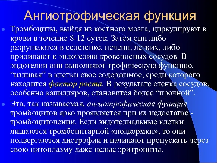 Ангиотрофическая функция Тромбоциты, выйдя из костного мозга, циркулируют в крови в