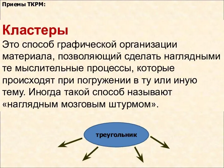 Кластеры Это способ графической организации материала, позволяющий сделать наглядными те мыслительные