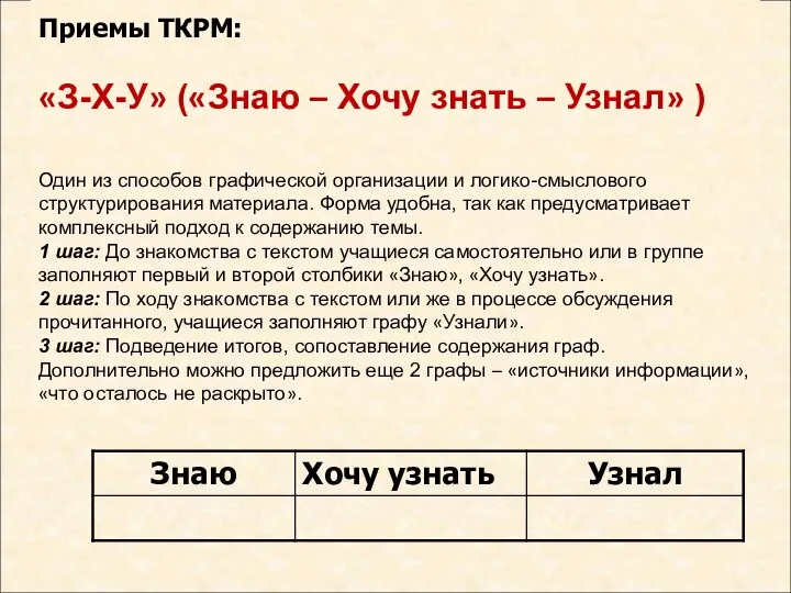 Приемы ТКРМ: «З-Х-У» («Знаю – Хочу знать – Узнал» ) Один