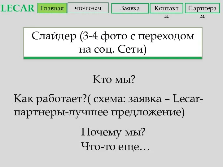 LECAR Главная Заявка Контакты Партнерам Слайдер (3-4 фото с переходом на