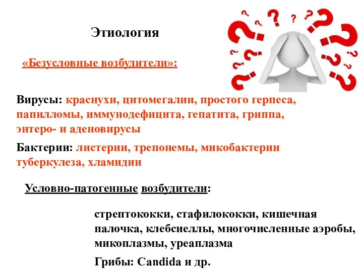 Этиология Вирусы: краснухи, цитомегалии, простого герпеса, папилломы, иммунодефицита, гепатита, гриппа, энтеро-