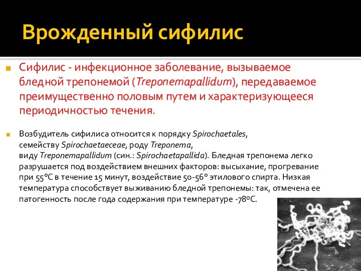 Врожденный сифилис Сифилис - инфекционное заболевание, вызываемое бледной трепонемой (Treponemapallidum), передаваемое