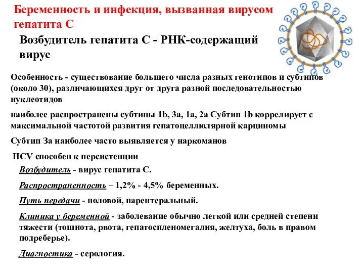 Беременность и инфекция, вызванная вирусом гепатита С Особенность - существование большего