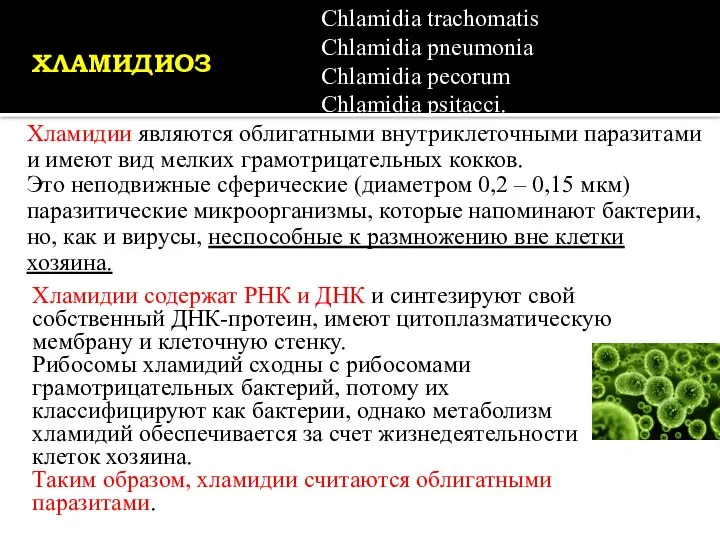 ХЛАМИДИОЗ Chlamidia trachomatis Chlamidia pneumonia Chlamidia pecorum Chlamidia psitacci. Хламидии являются