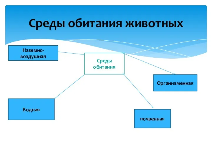 Среды обитания животных Среды обитания Организменная почвенная Наземно-воздушная Водная